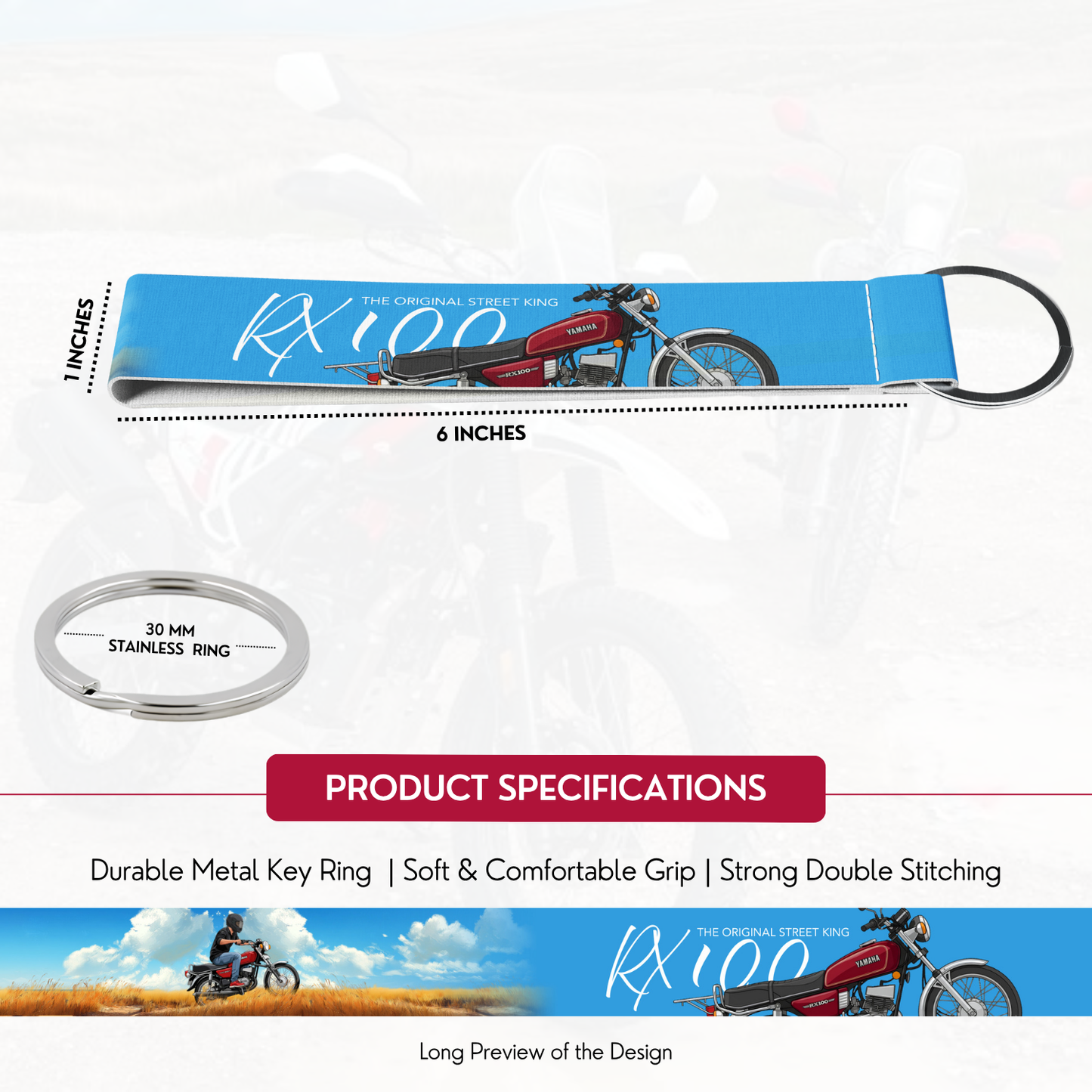 RX 100 Premium Bike Lanyard Keychain | HD Printed Polyester Key Strap with Metal Ring