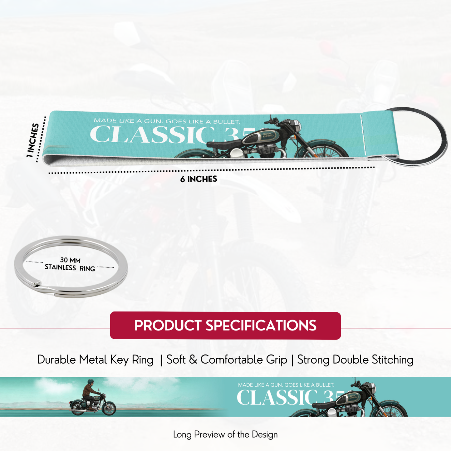 Royal enfield classic 350 Premium Bike Lanyard Keychain | HD Printed Polyester Key Strap with Metal Ring