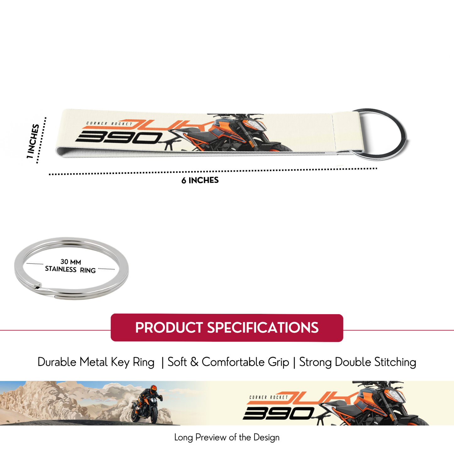 KTM DUKE 390 Premium Bike Lanyard Keychain | HD Printed Polyester Key Strap with Metal Ring (