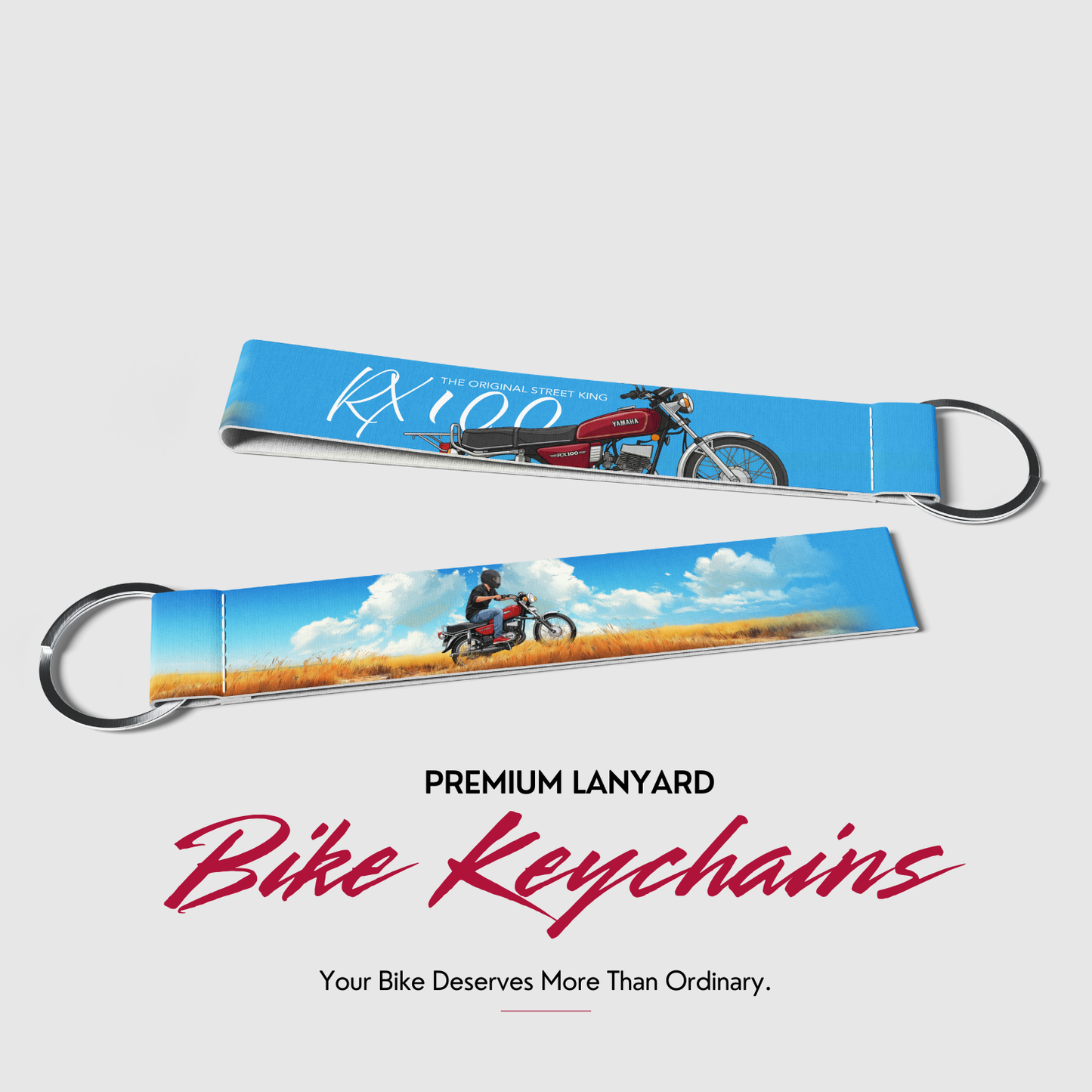 RX 100 Premium Bike Lanyard Keychain | HD Printed Polyester Key Strap with Metal Ring